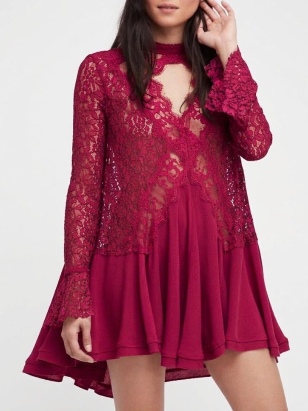 Free People | Tell Tale Sheer Lace Tunic Dress in Deep Raspberry Pink Red Large